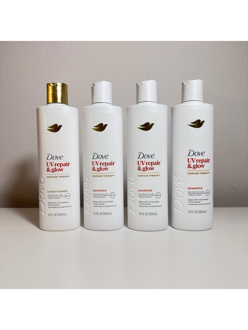 4 Pack Dove UV Repair & Glow Damage Therapy Shampoo & Conditioner 12oz